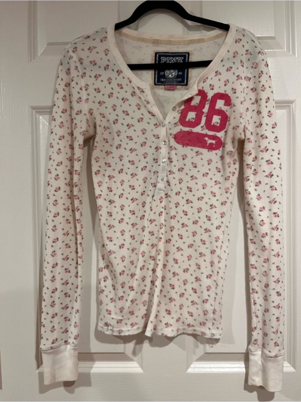 PINK Victoria's Secret Cream Long-Sleeve Henley with Pink '86' Appliqué
